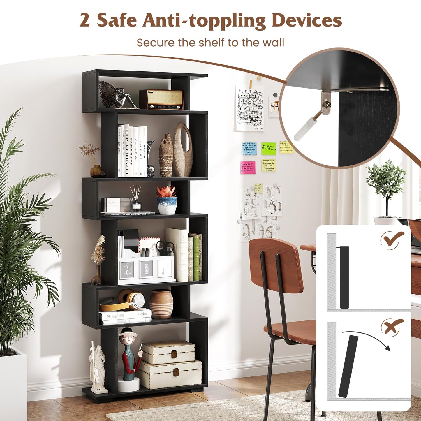 Tangkula 6 Tier S Shaped Bookshelf for Study