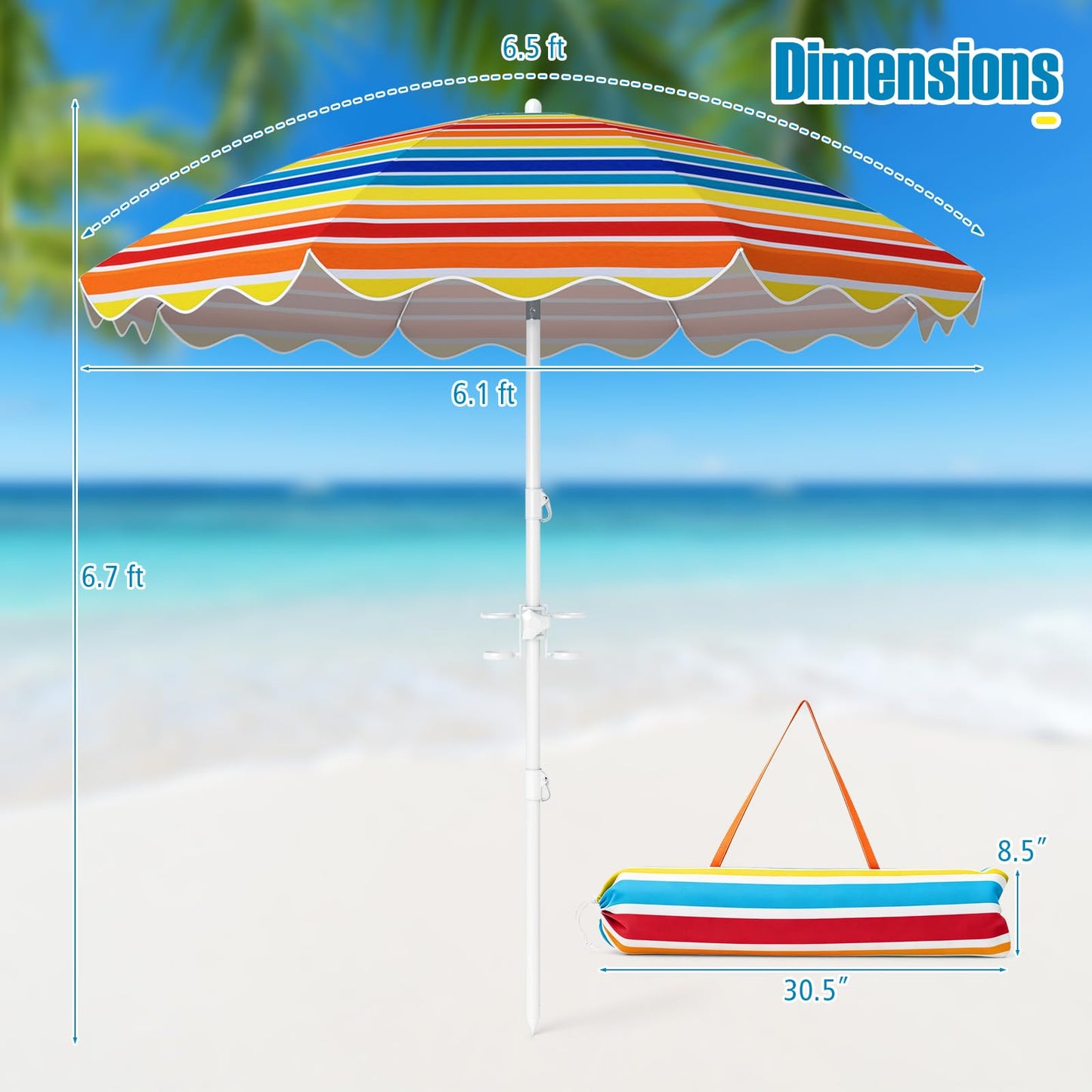 Tangkula 6.5 FT Scalloped Beach Umbrella with Cup Holders | UPF 50+