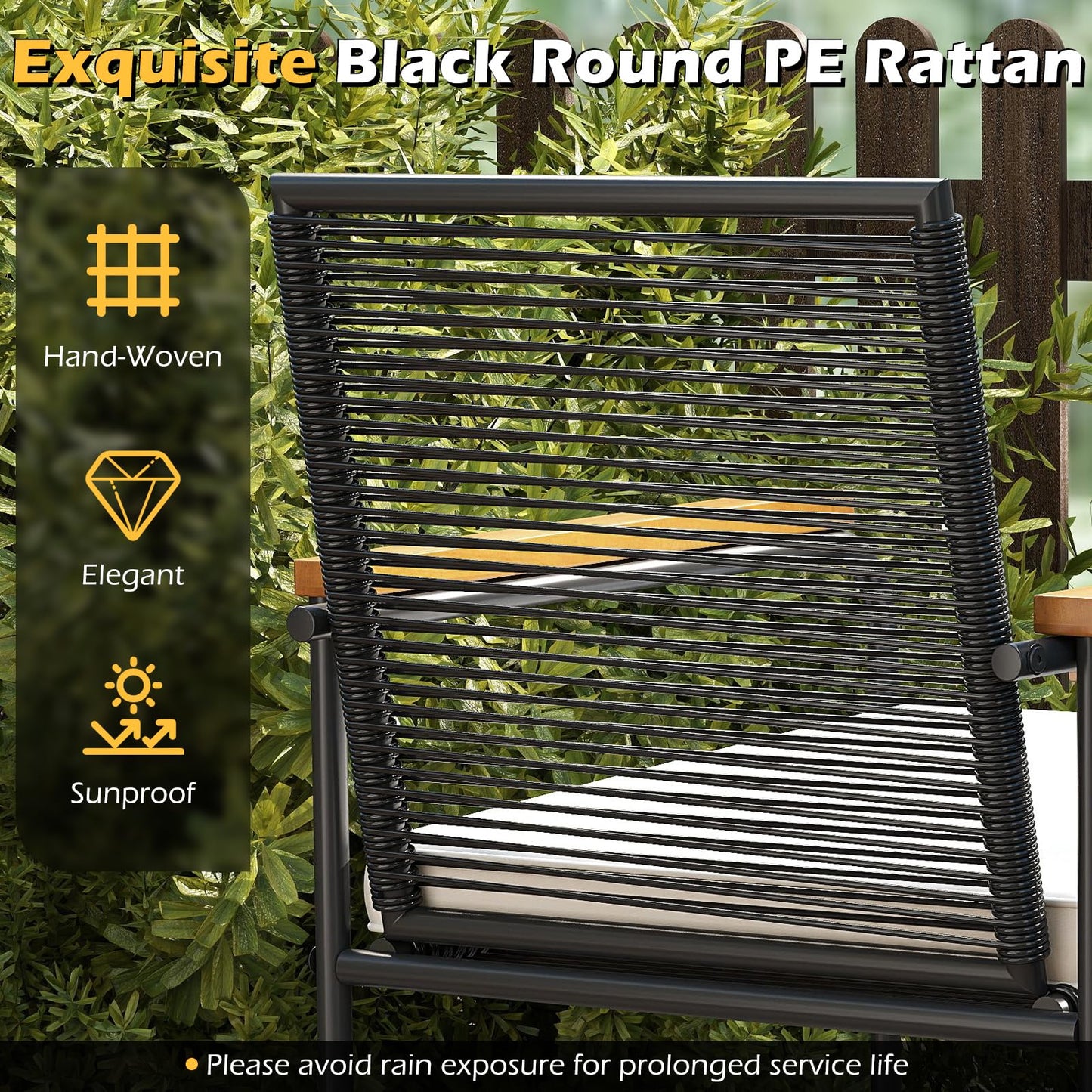 Tangkula 3 Pieces Patio Furniture Set PE Rattan Porch Chairs with Round Tempered Glass Top Table