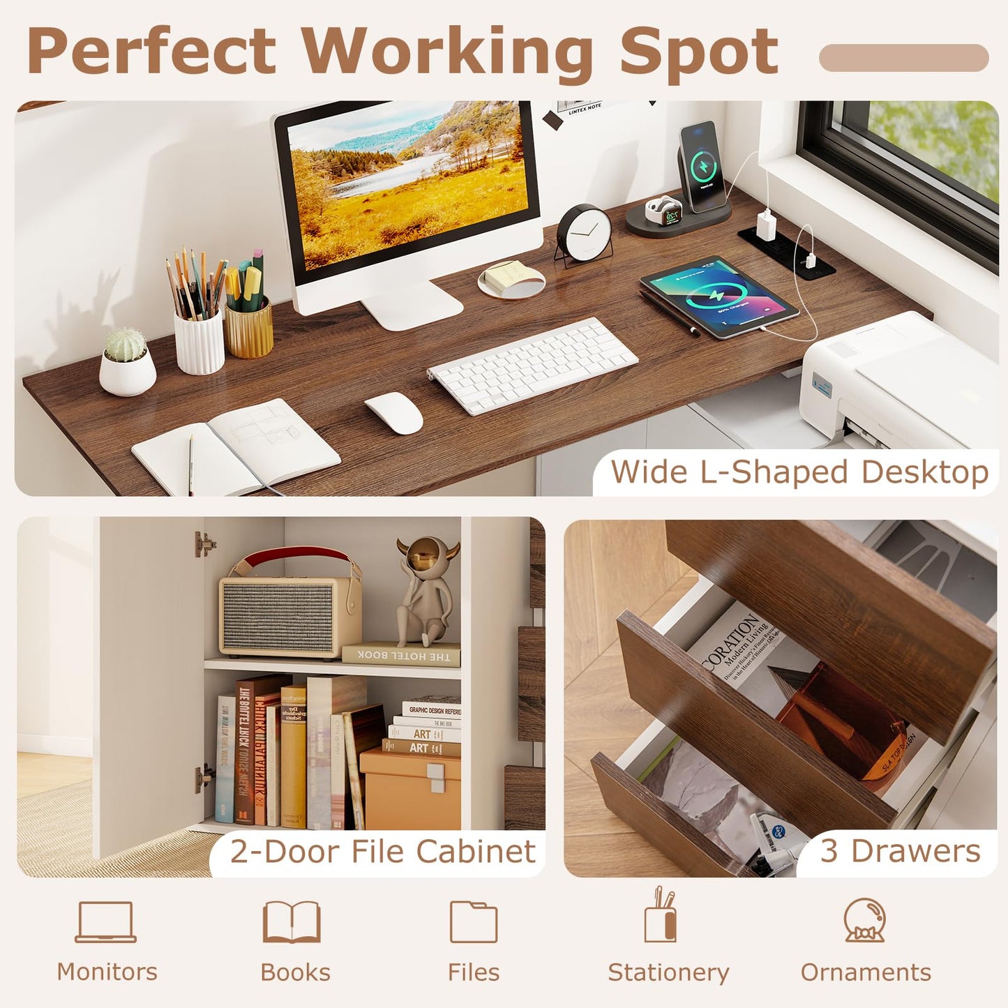 Tangkula Reversible L-Shaped Desk with File Cabinet & 3 Drawers