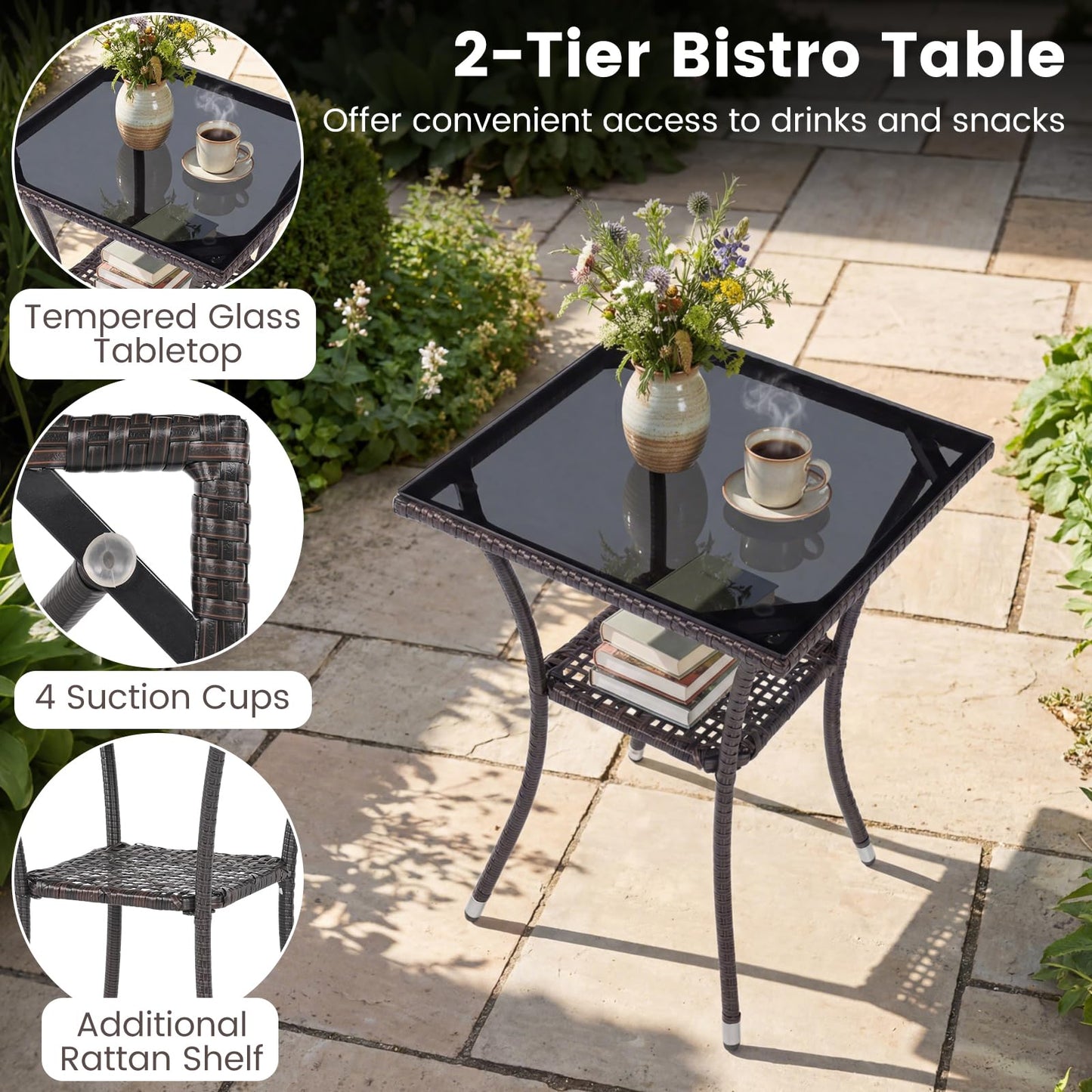 Tangkula 3 Pieces Patio Wicker Bistro Set | 2 Rattan Chairs w/ 2-Tier Tempered Glass Table