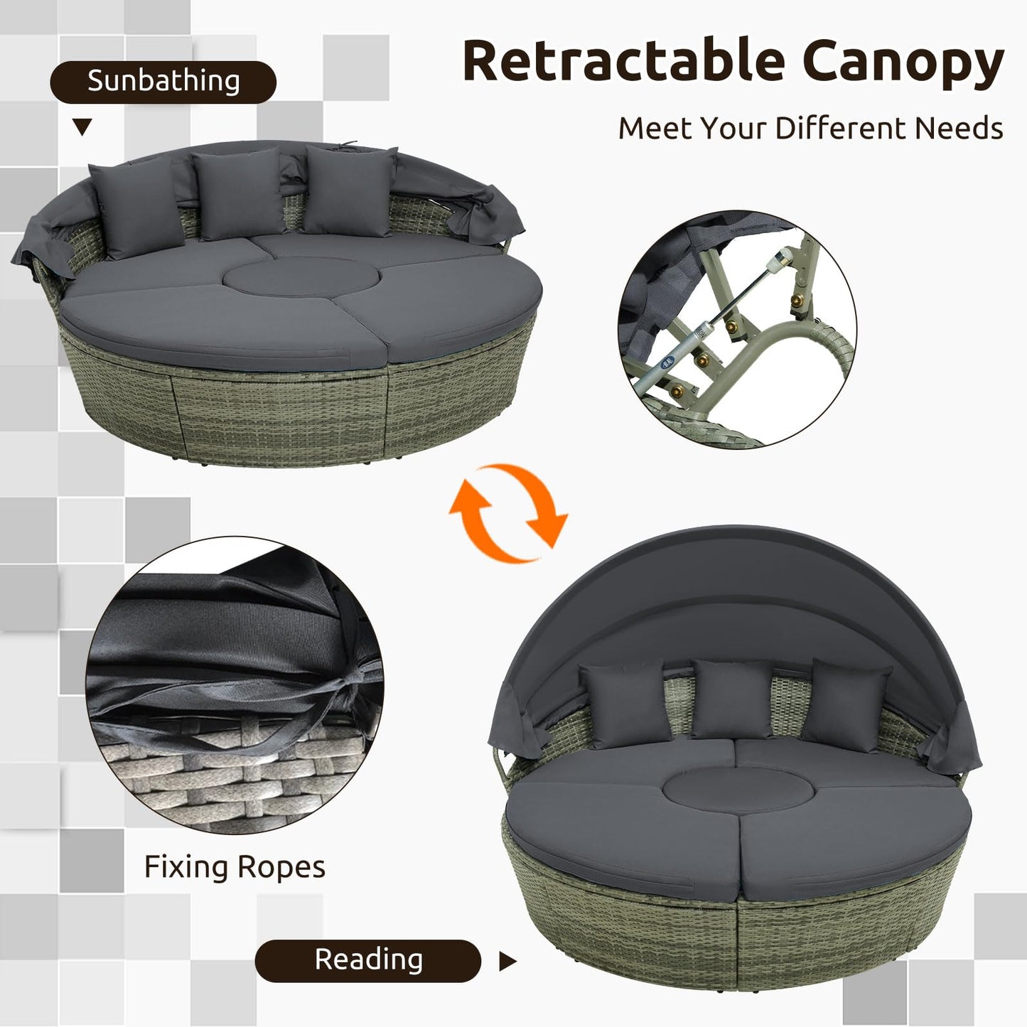 Tangkula Patio Round Daybed with Retractable Canopy