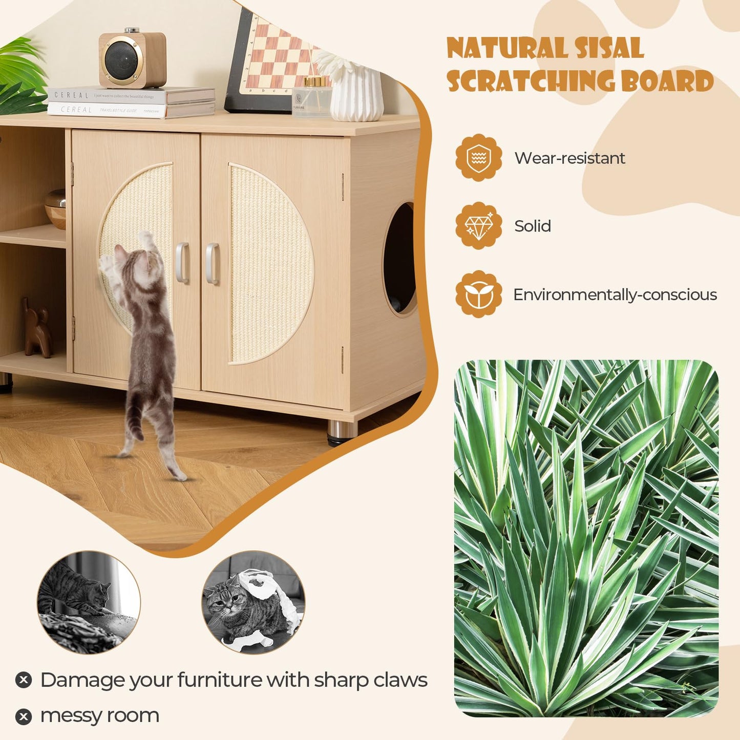 Tangkula Cat Litter Box Enclosure, Hidden Cat Washroom with Storage Shelf, Sisal Scratching Doors