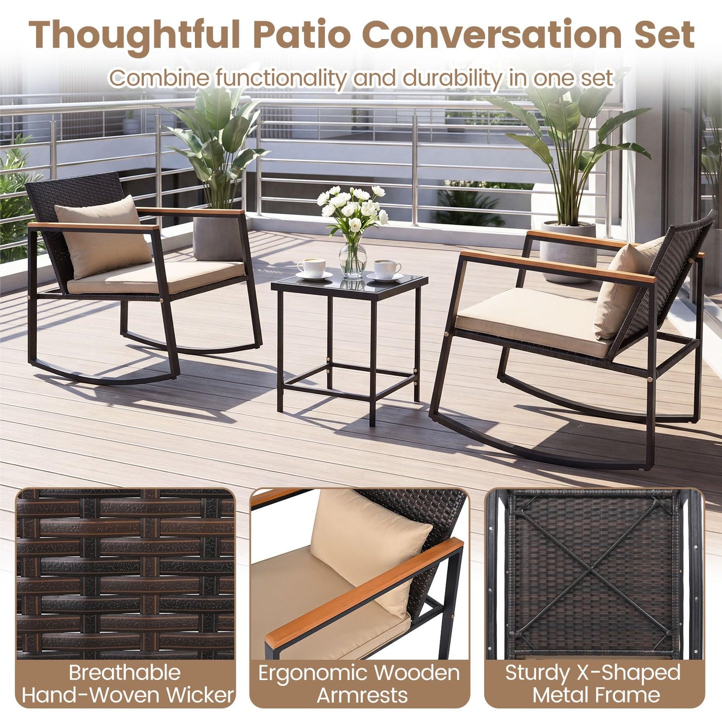 Tangkula 3 Pieces Outdoor Rocking Chairs Set