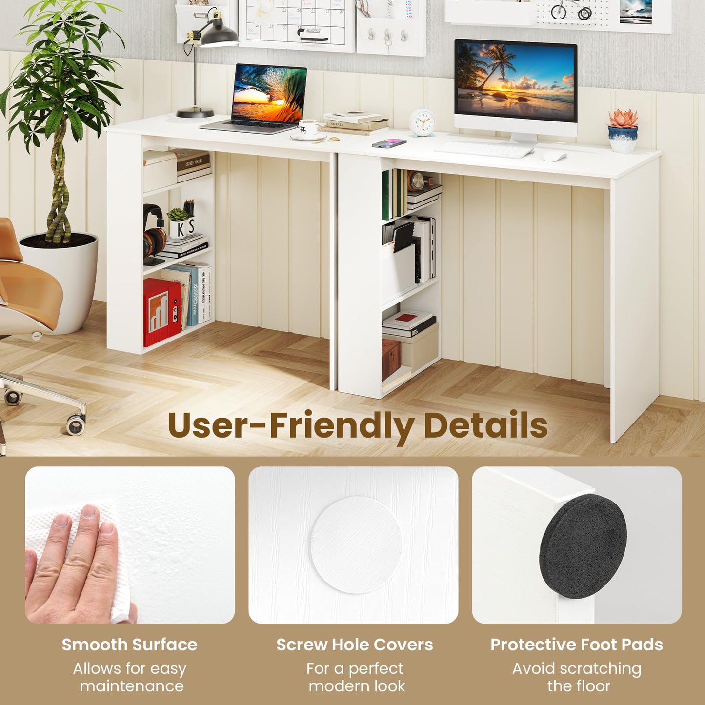 Tangkula Small White Desk with 3-Tier Bookshelf