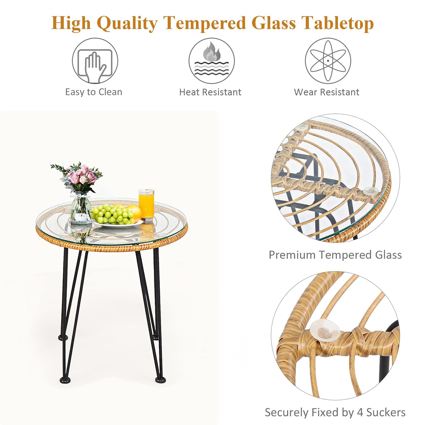 3 Pieces Patio Bistro Set, Rattan Conversation Set with 2 Cushioned Armchairs & Round Glass Coffee Table