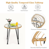 3 Pieces Patio Bistro Set, Rattan Conversation Set with 2 Cushioned Armchairs & Round Glass Coffee Table