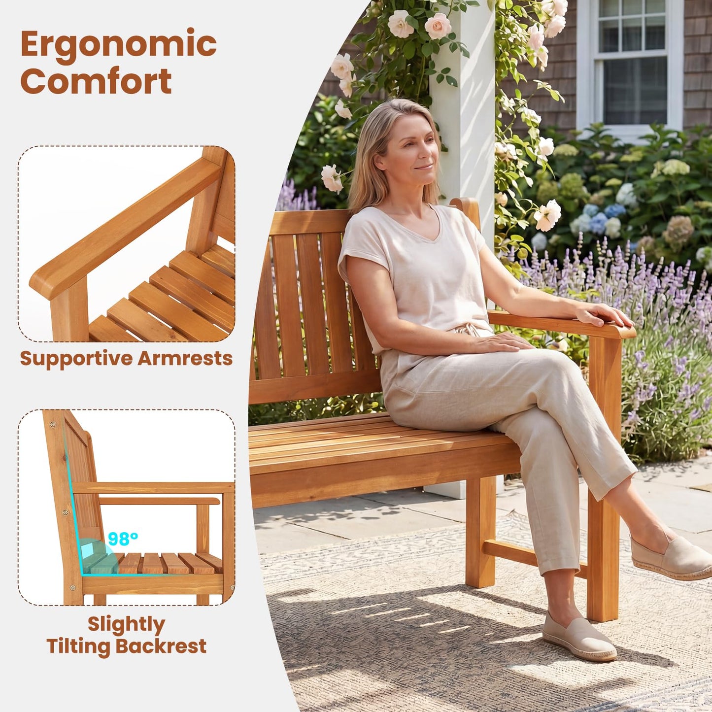 Tangkula 2-Seater Outdoor Wooden Bench with Slatted Seat
