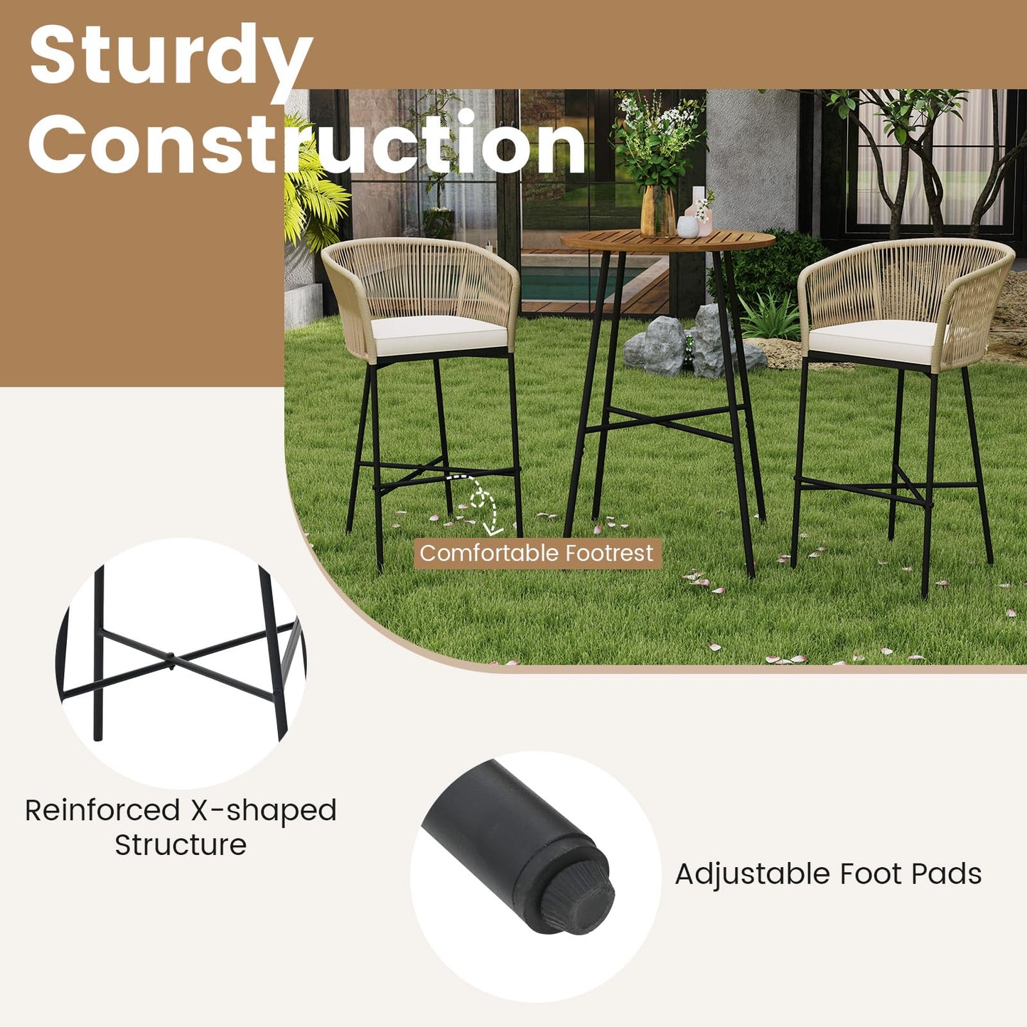 Tangkula 3 Pieces Rope Woven Patio Bar Set