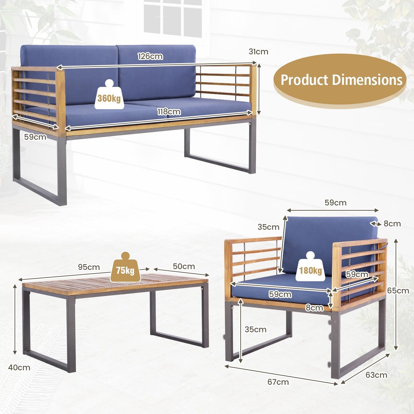 Tangkula 4 Piece Patio Chair Set, Acacia Wood Chair Set w/ 2 Chairs, 1 Loveseat & 1 Coffee Table
