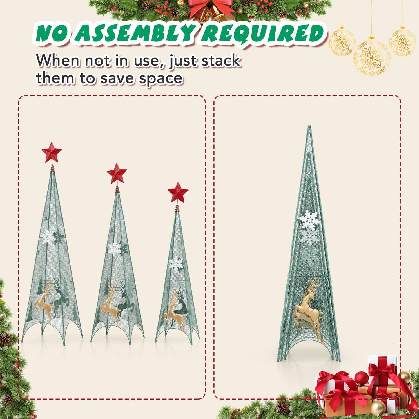 Tangkula 3 Sizes Tower Shaped Christmas Tree Decorations, Metal Xmas Decorative Trees with Reindeers