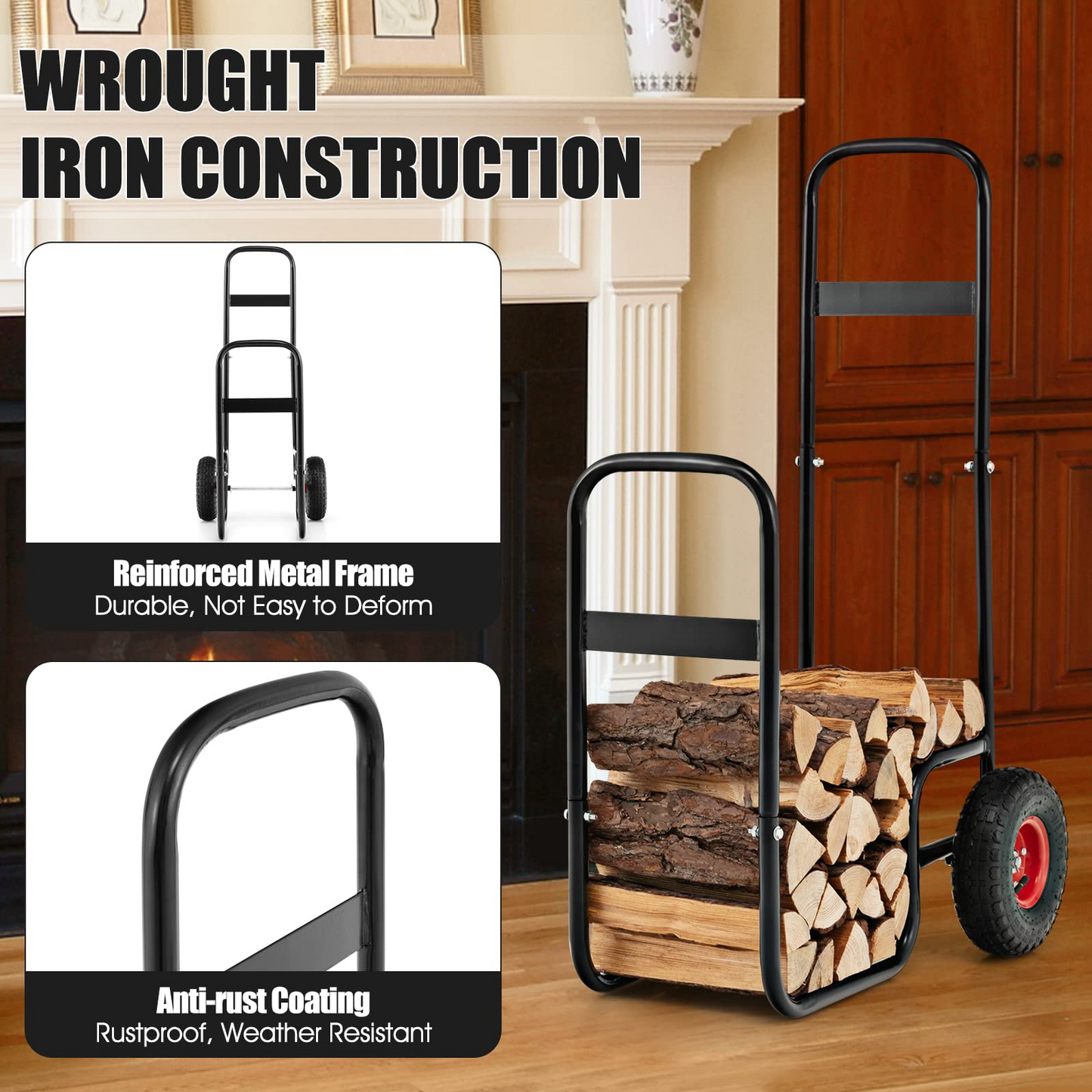 Tangkula Firewood Log Cart, Wood Rack Storage Mover with Rolling Wheels & Ergonomic Handle