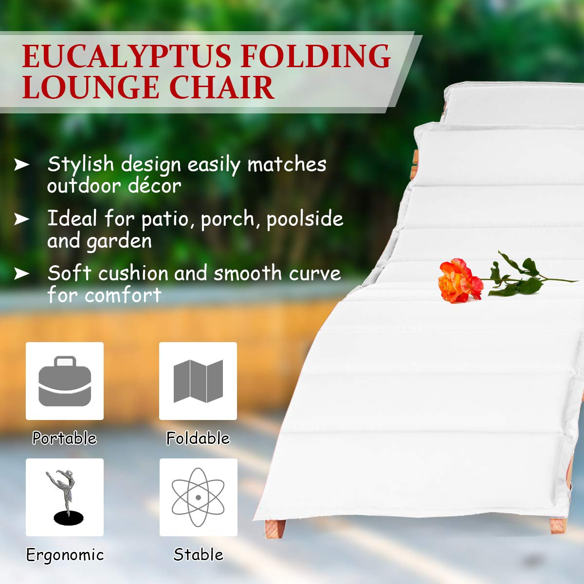 Tangkula 3 Pcs Folding Patio Solid Eucalyptus Wood Lounge Chair Set (Red & White)