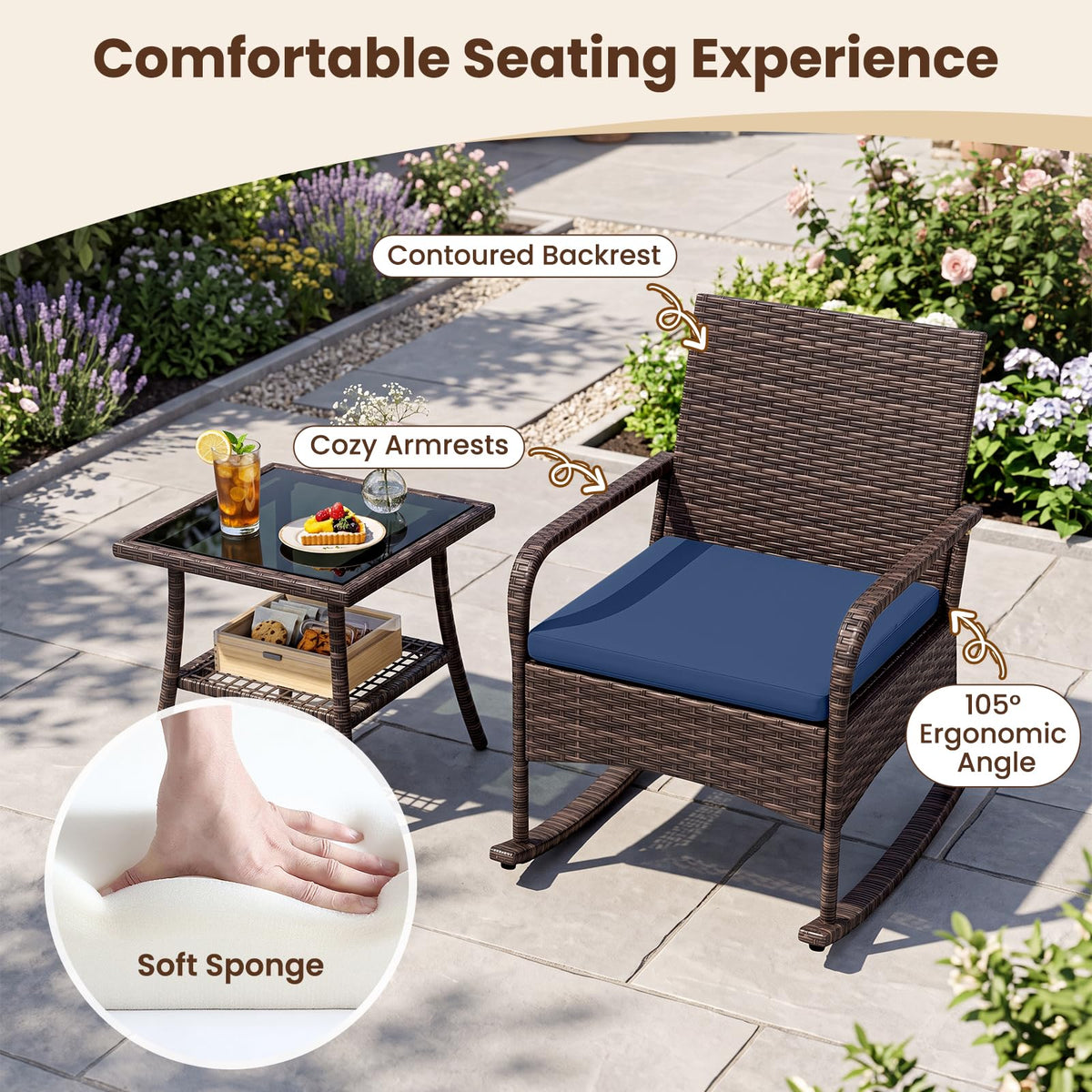 Tangkula 3-Piece Outdoor Wicker Rocking Bistro Set with 2-Tier Coffee Table