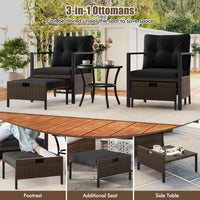 Tangkula 5 Piece Outdoor Furniture Set, Rattan Chairs & Ottomans w/Round Glass Topped Coffee Table