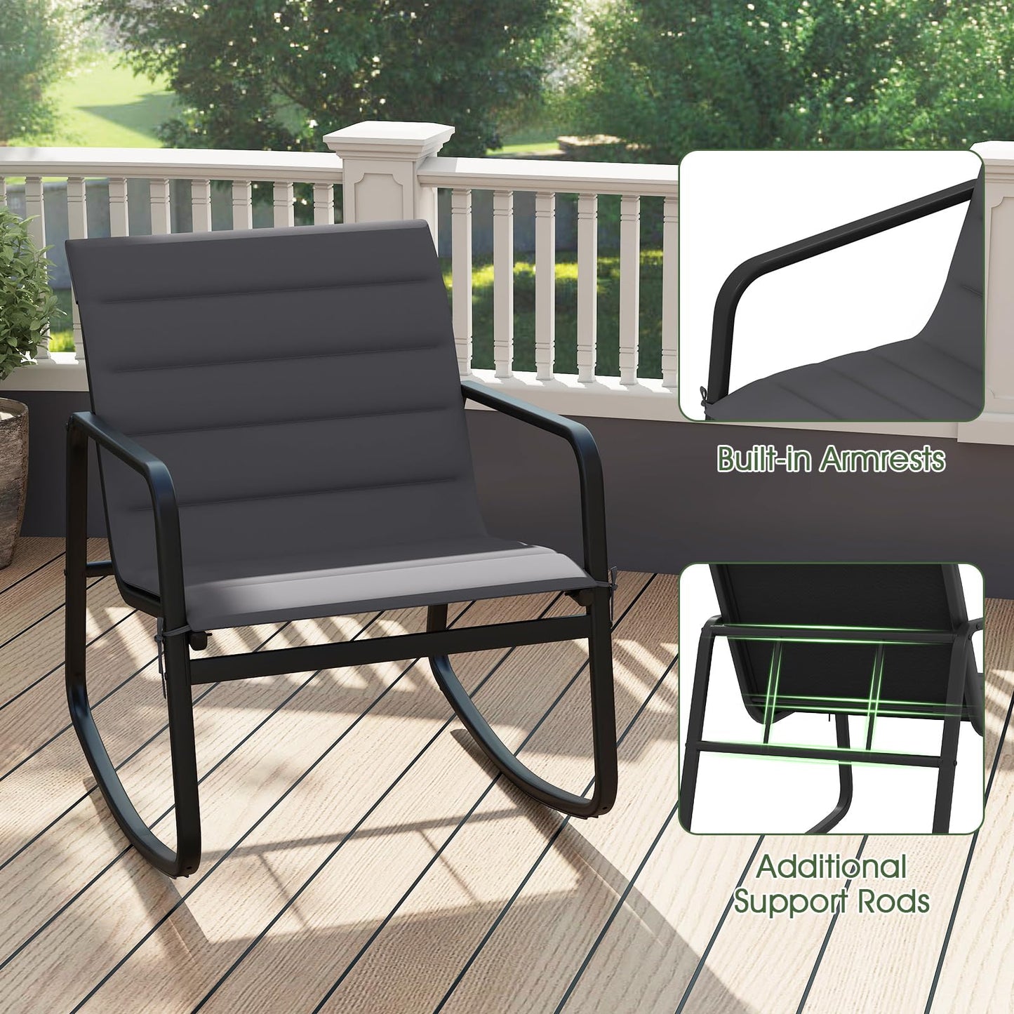 Tangkula 3 Piece Outdoor Rocking Bistro Set | Porch Rocker Chairs with Tempered Glass Table