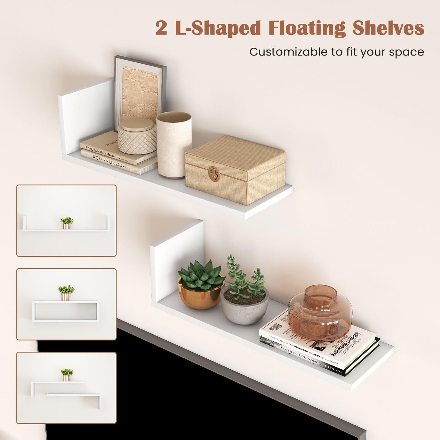 Tangkula White TV Stand with 2 Wall Shelves for Living Room