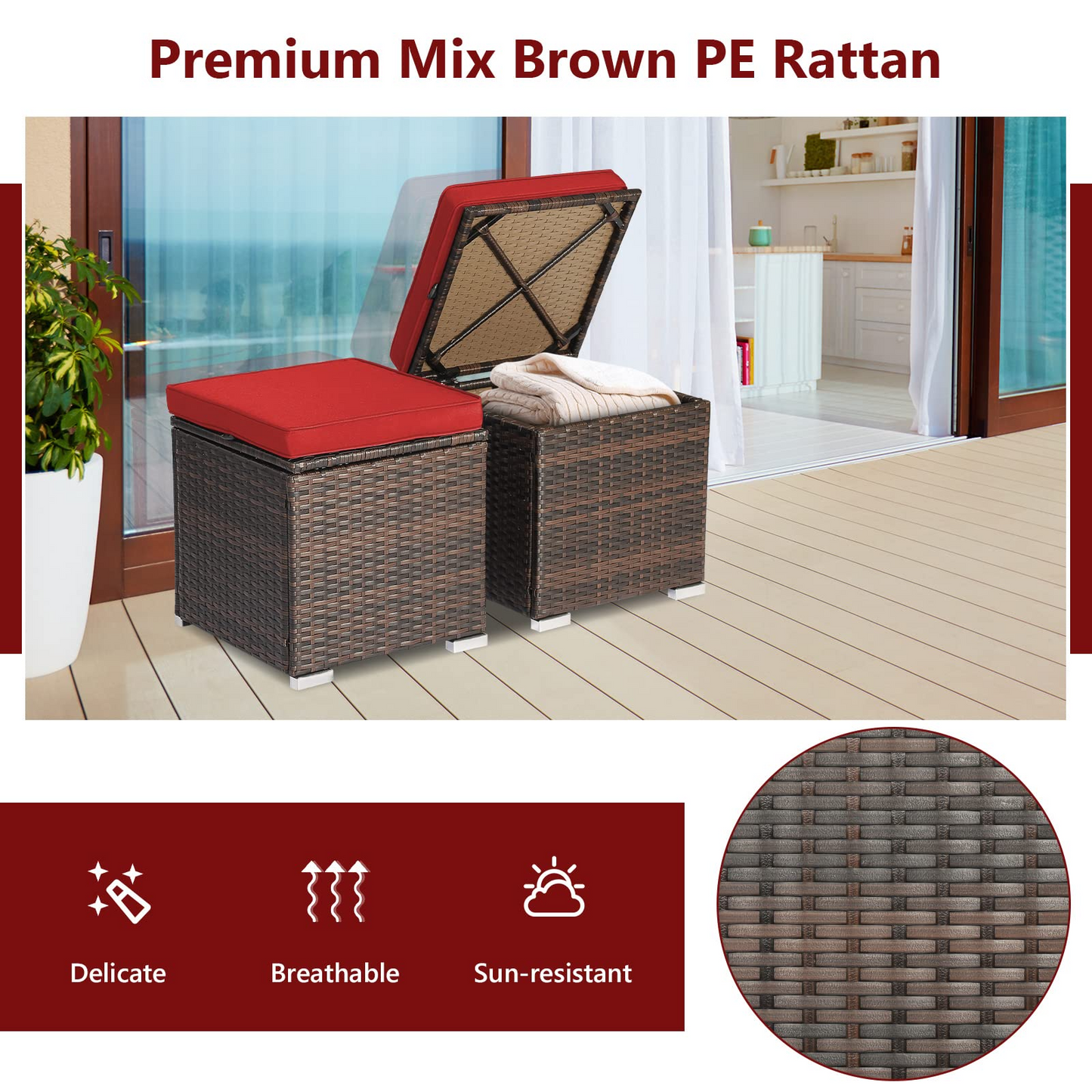 Tangkula 2 Pieces Patio Ottomans, Patiojoy Hand-Woven PE Rattan Side Table with Removable Cushion & Hidden Storage Space