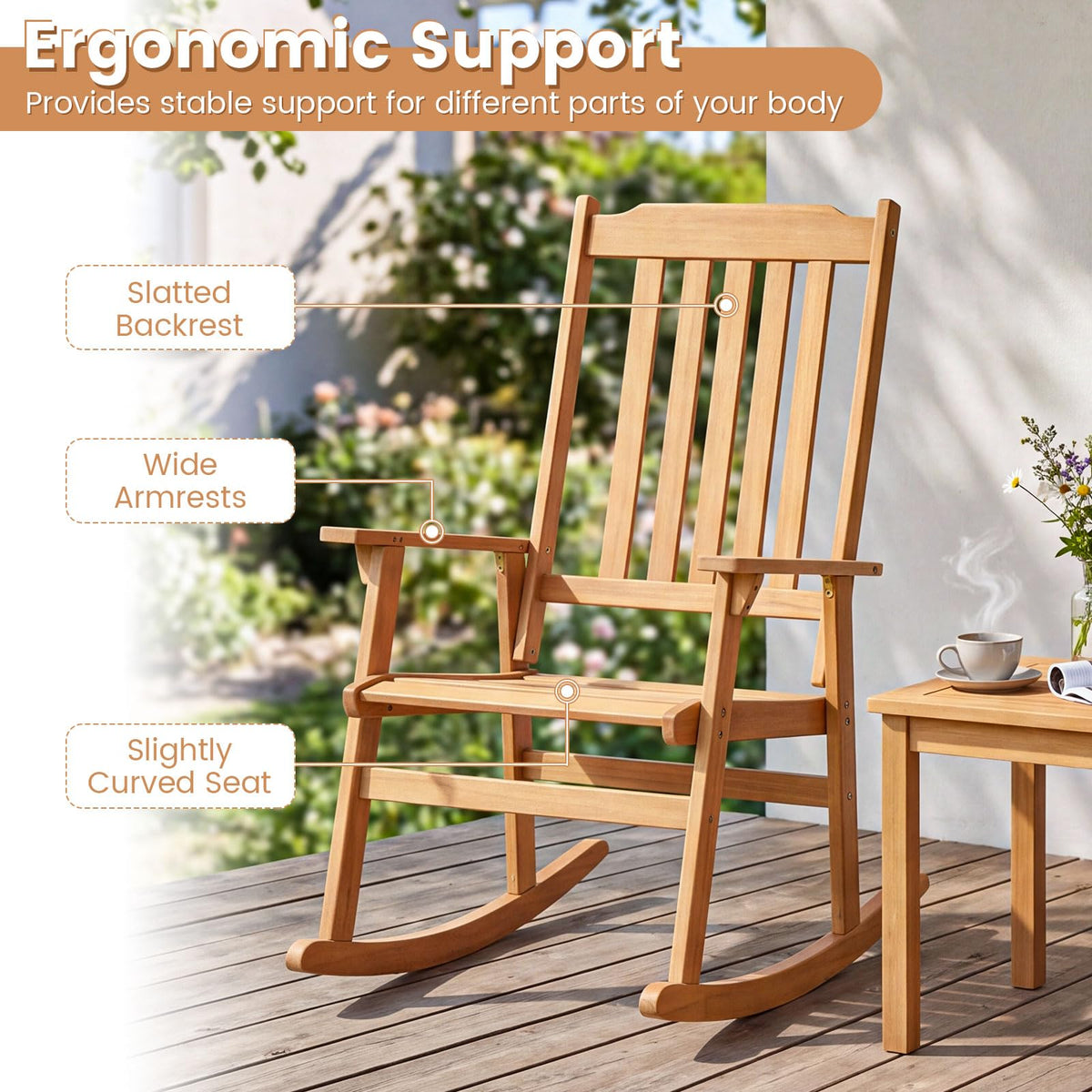 Tangkula Outdoor Patio Wood Rocking Chair for Porch Garden Backyard