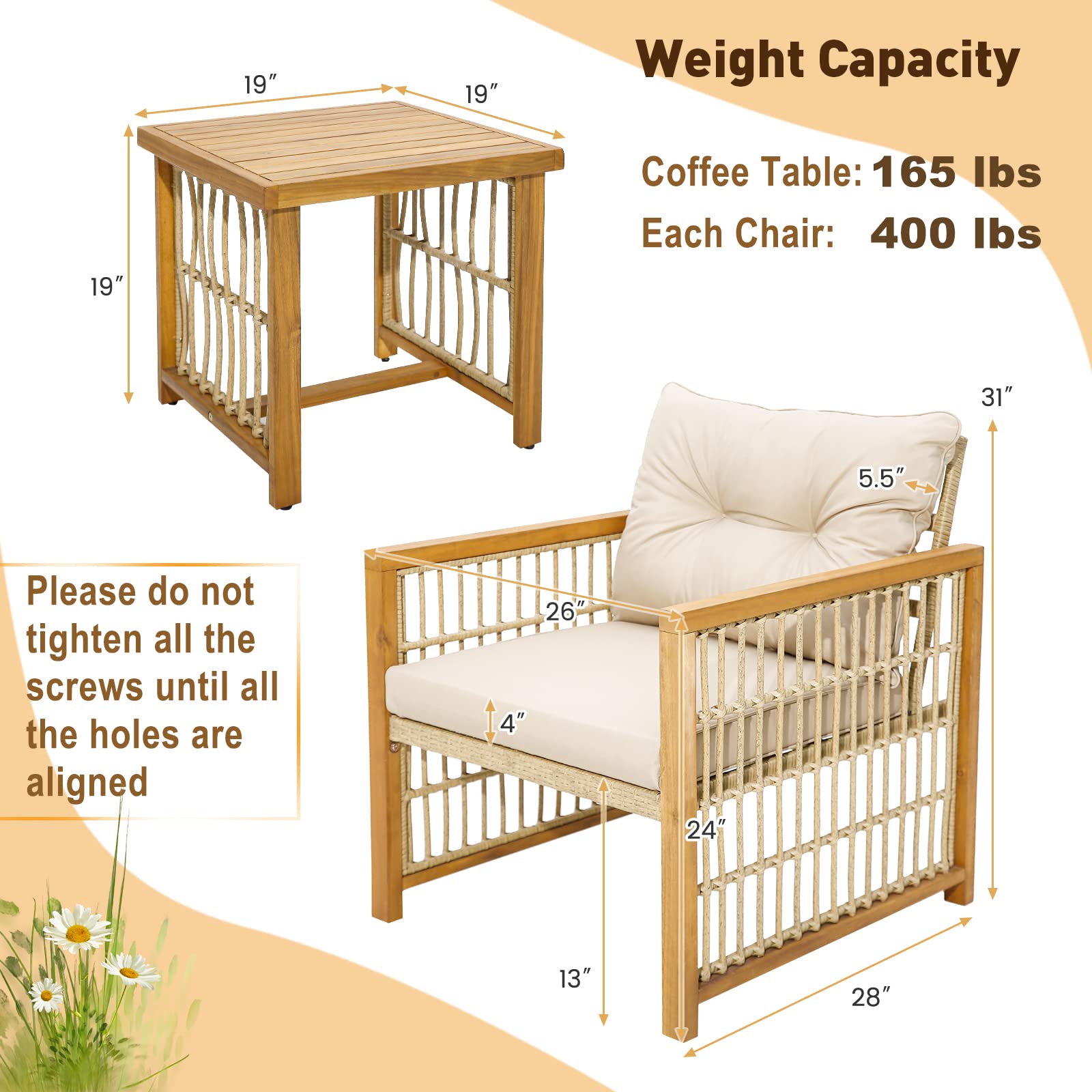 3 Pieces Acacia Wood Patio Furniture Set - Tangkula