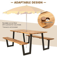 Tangkula Picnic Table with 2 Benches, Outdoor Acacia Wood Picnic Table Bench Set with 2-Inch Umbrella Hole