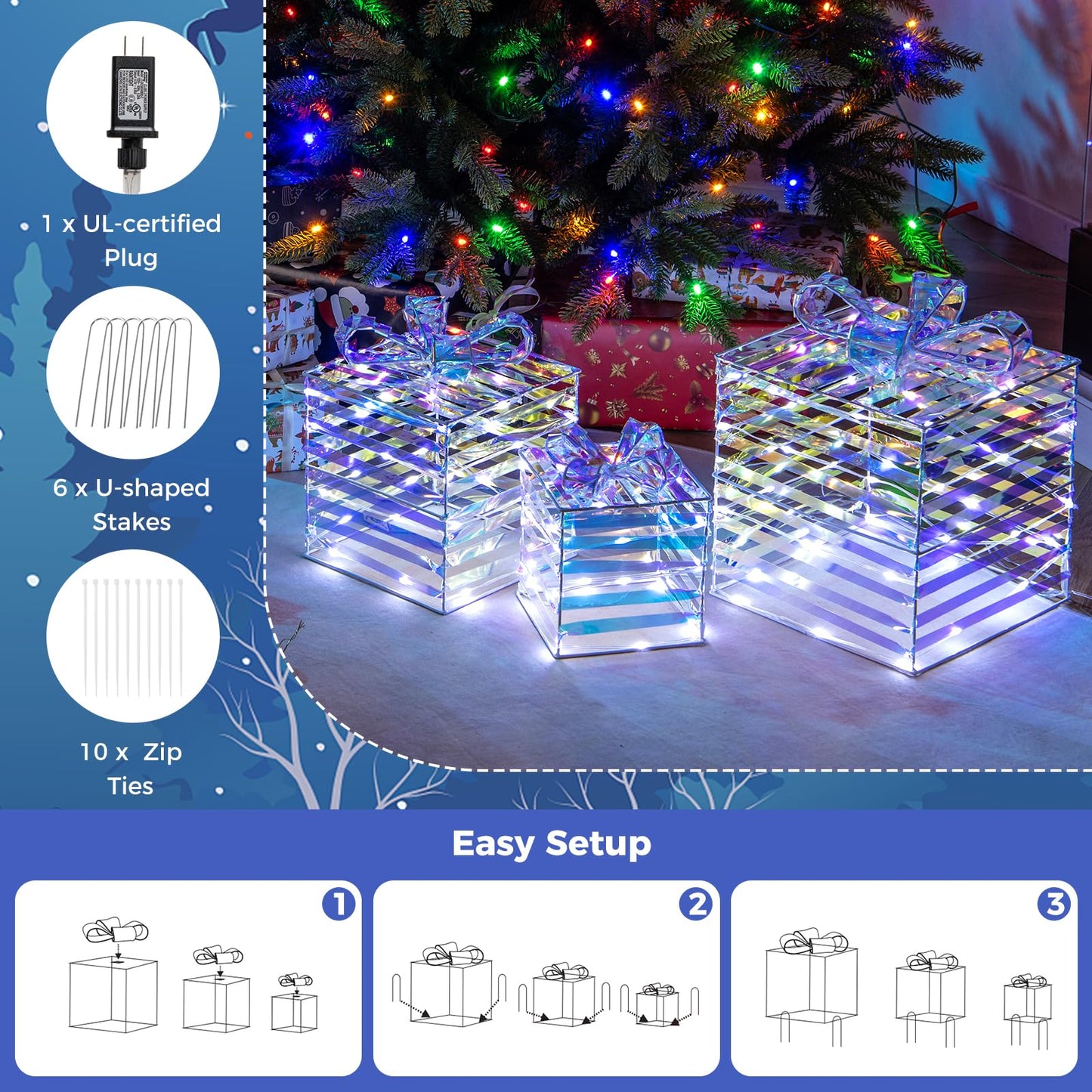 Tangkula Set of 3 Christmas Lighted Gift Boxes with Bows and Plug