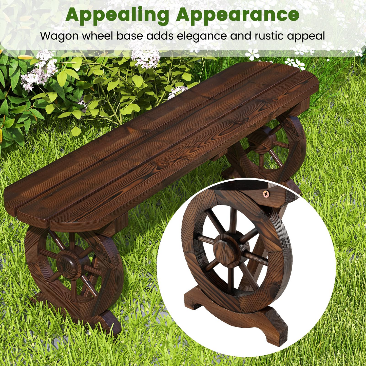 Banc en bois rustique Tangkula pour patio, banc long en bois carbonisé avec base en roue de chariot, siège à lattes
