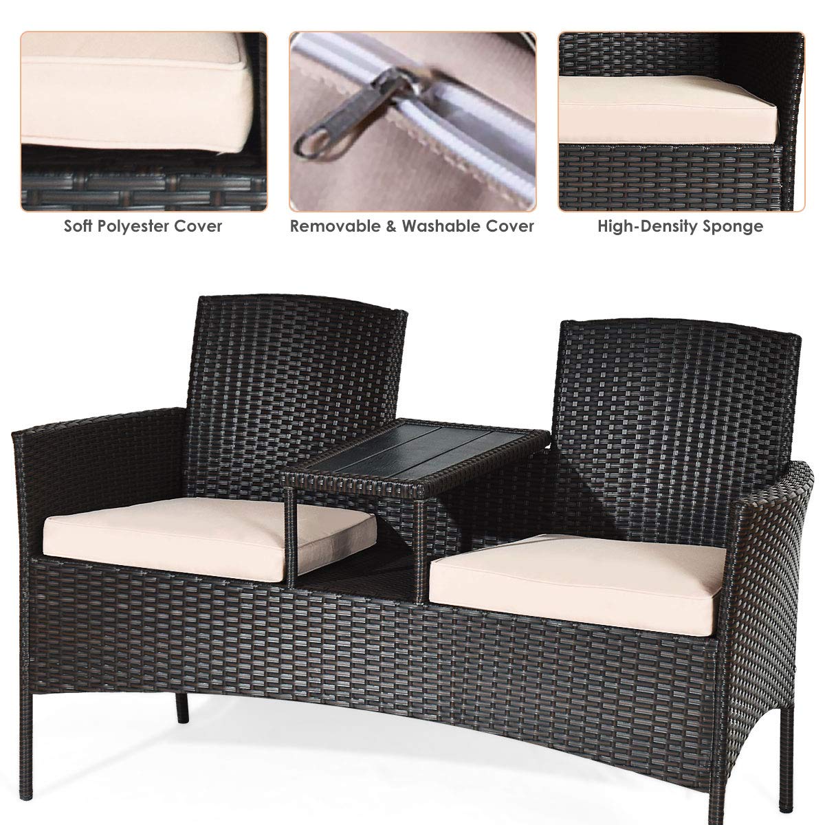 Outdoor Rattan Loveseat, Patio Conversation Set with Cushions & Table