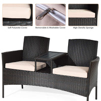 Outdoor Rattan Loveseat, Patio Conversation Set with Cushions & Table