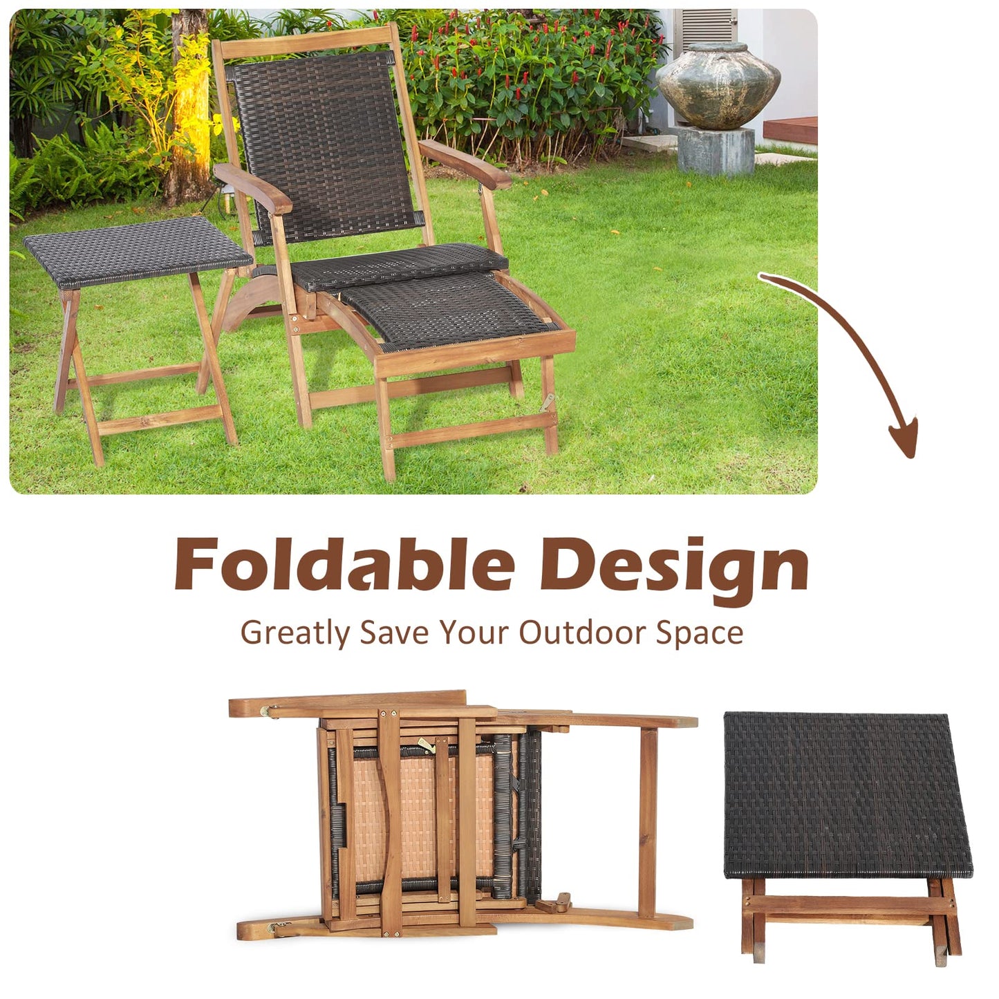 Tangkula 3 Piece Chaise Lounge Chair Set, Acacia Wood Deck Chairs with Side Table