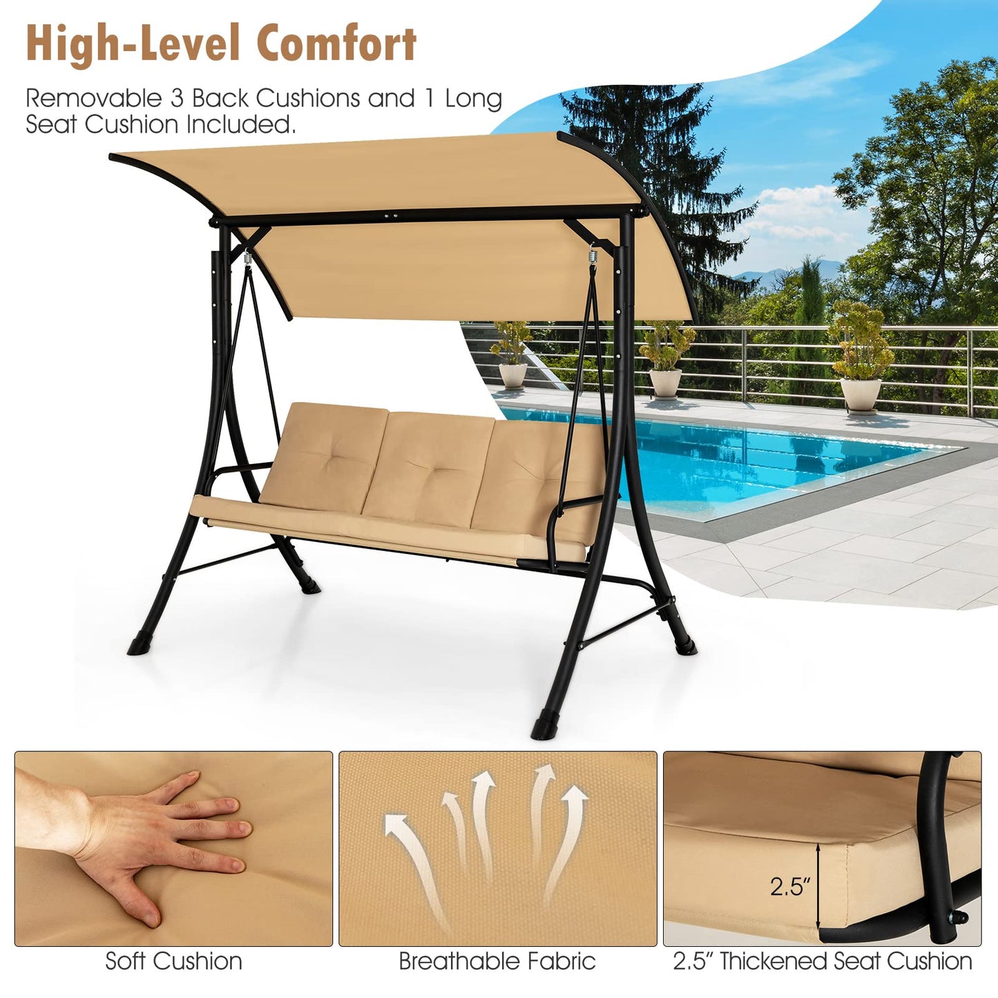 Tangkula 3 Person Porch Swing, Outdoor Swing with Removable Cushions
