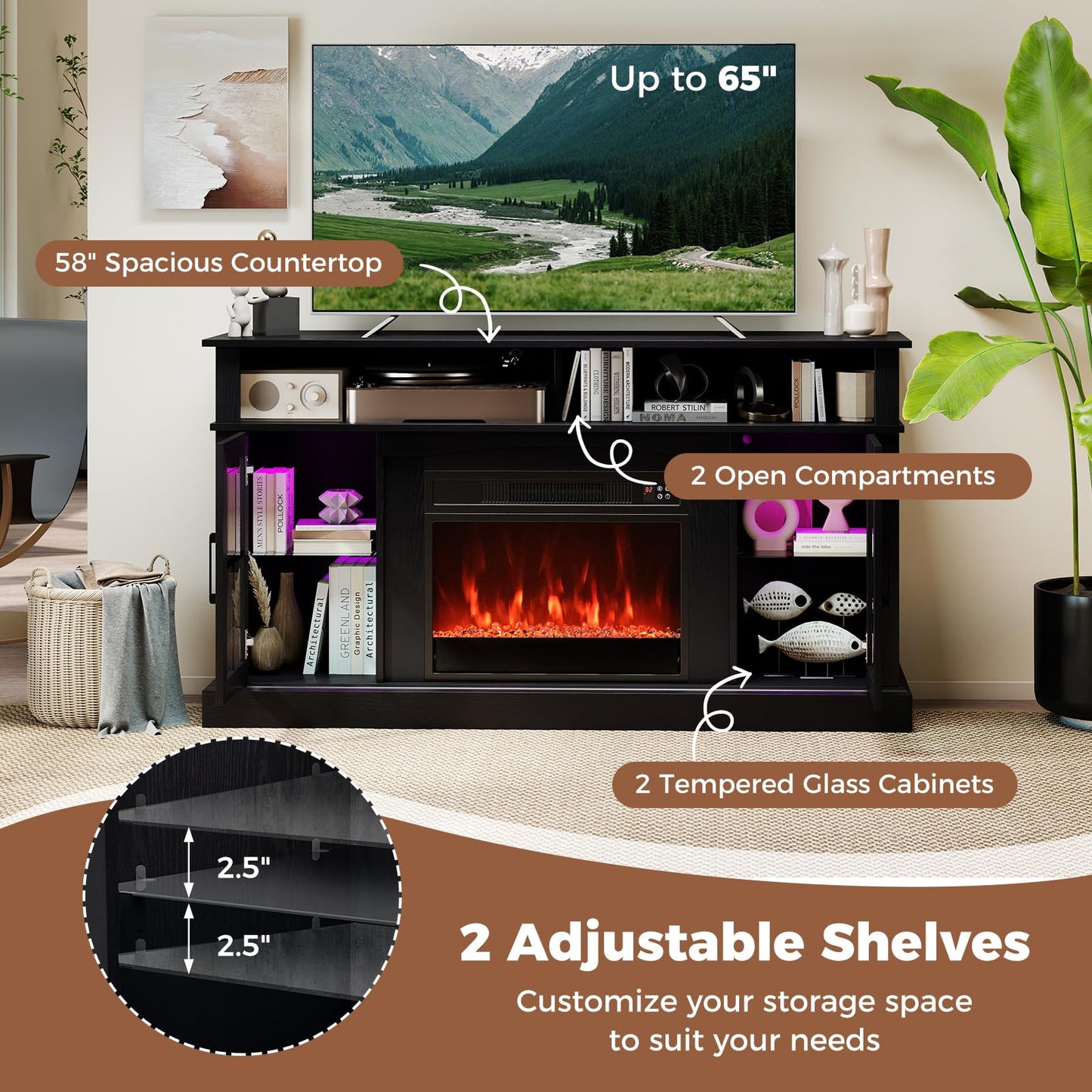 Tangkula Fireplace TV Stand for 65 Inch TV for Living Room
