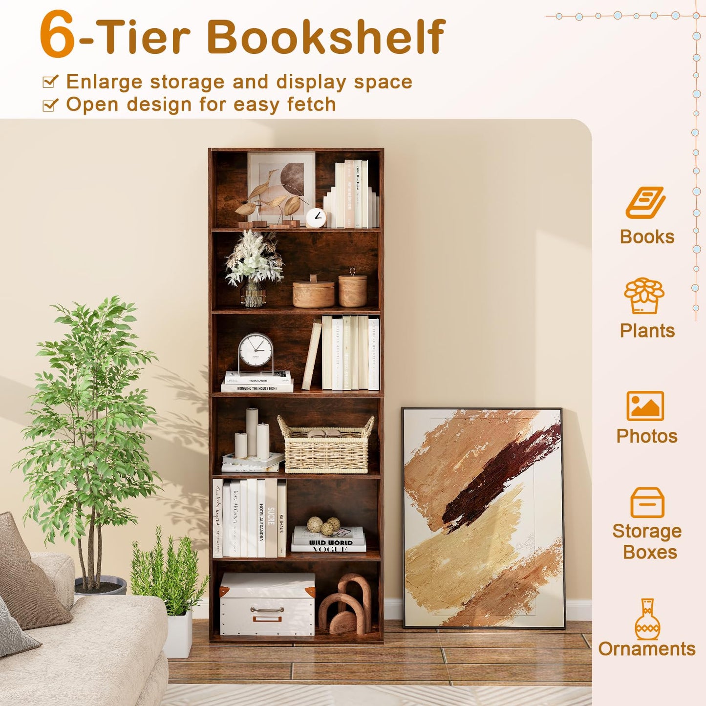 Tangkula 6-Tier Bookcase, 70” Tall Freestanding Bookshelf with 6 Open Shelves