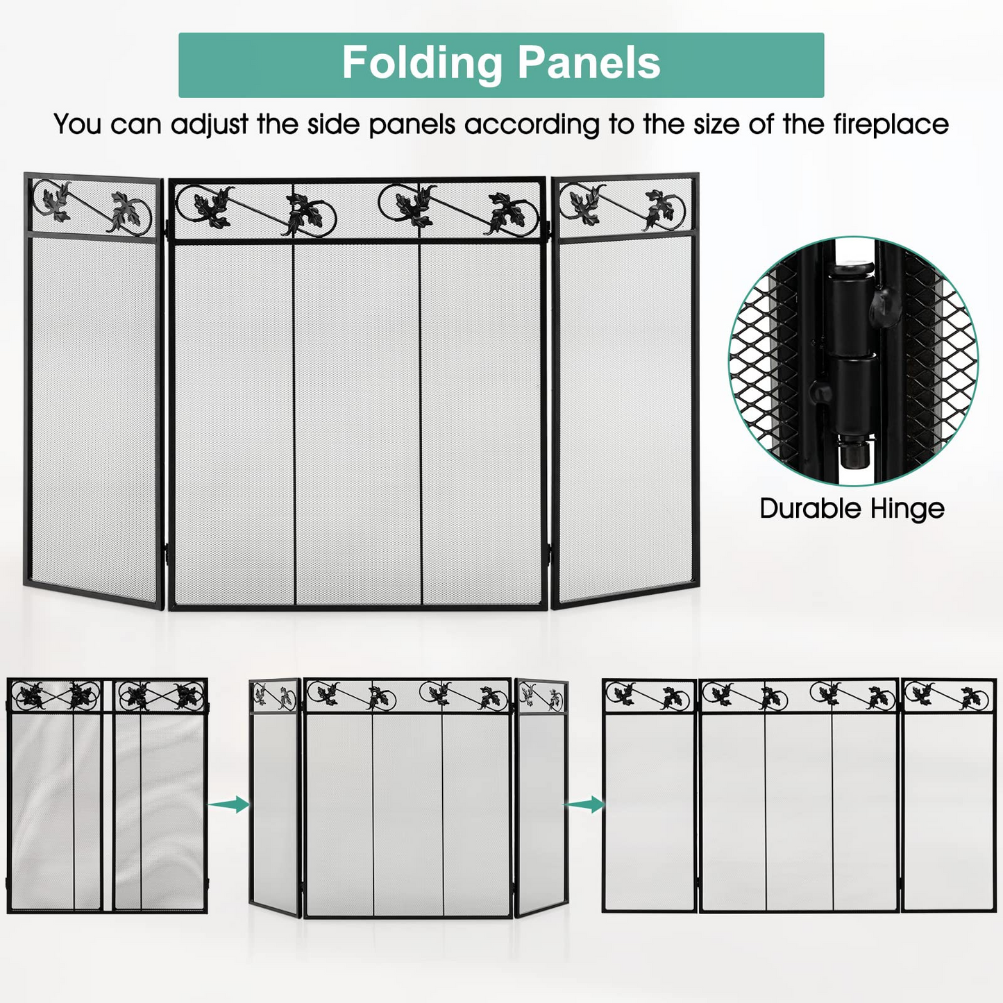 Tangkula 3-Panel Fireplace Screen, Folding Decorative Spark Guard with Exquisite Pattern for Baby & Pets