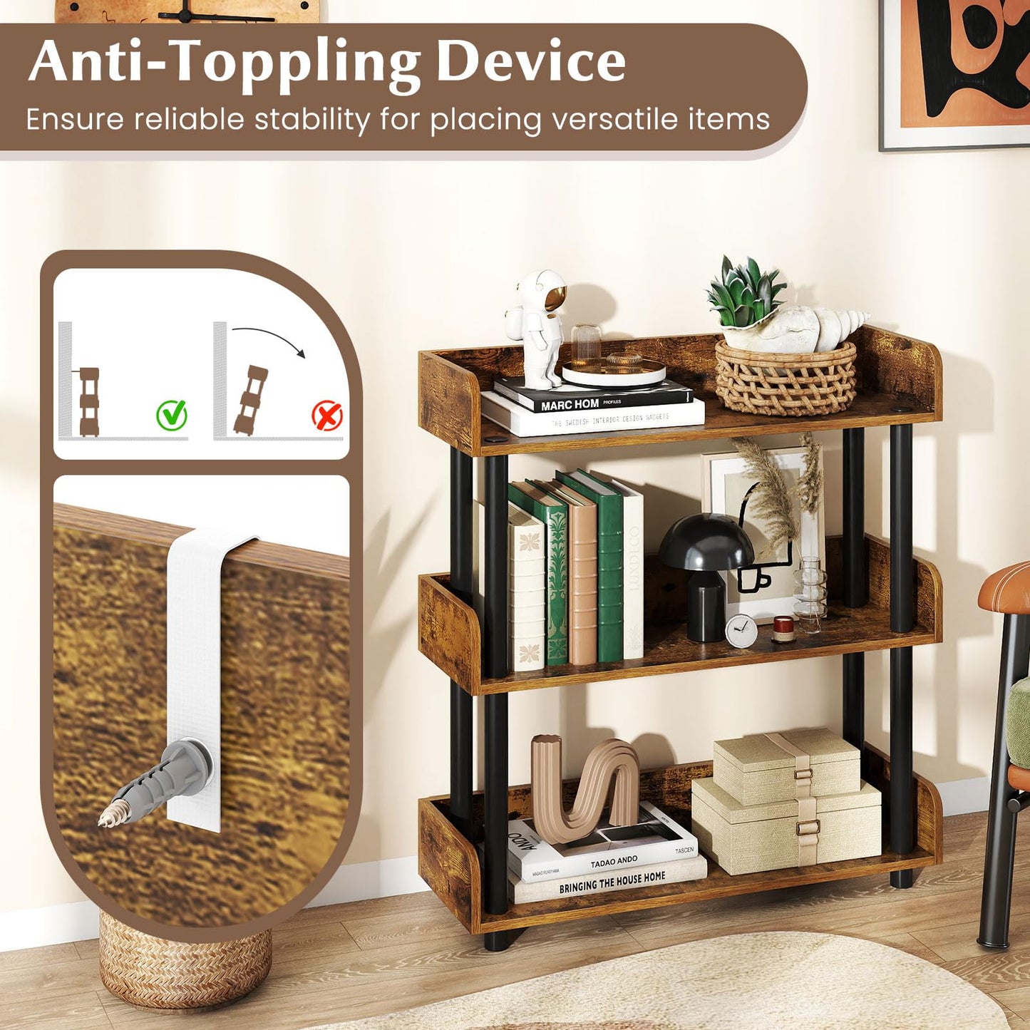 Tangkula 3-Tier Bookshelf Multipurpose Wood Standing Display Rack(1/2)