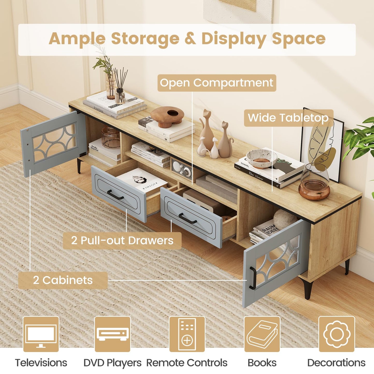 Tangkula Farmhouse TV Stand for TVs up to 80” 71” Entertainment Center with 2 Drawers