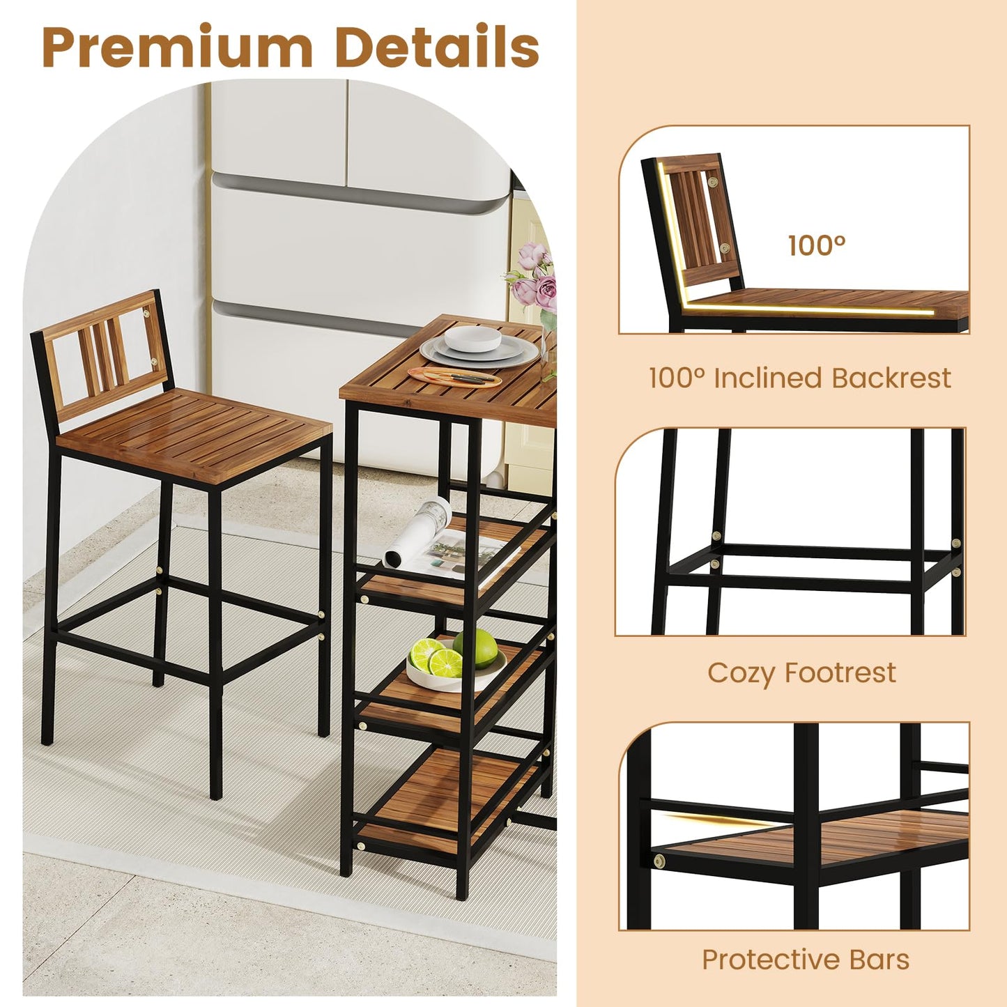 Tangkula 3 Pieces Wood Patio Bar Set with 3 Shelves