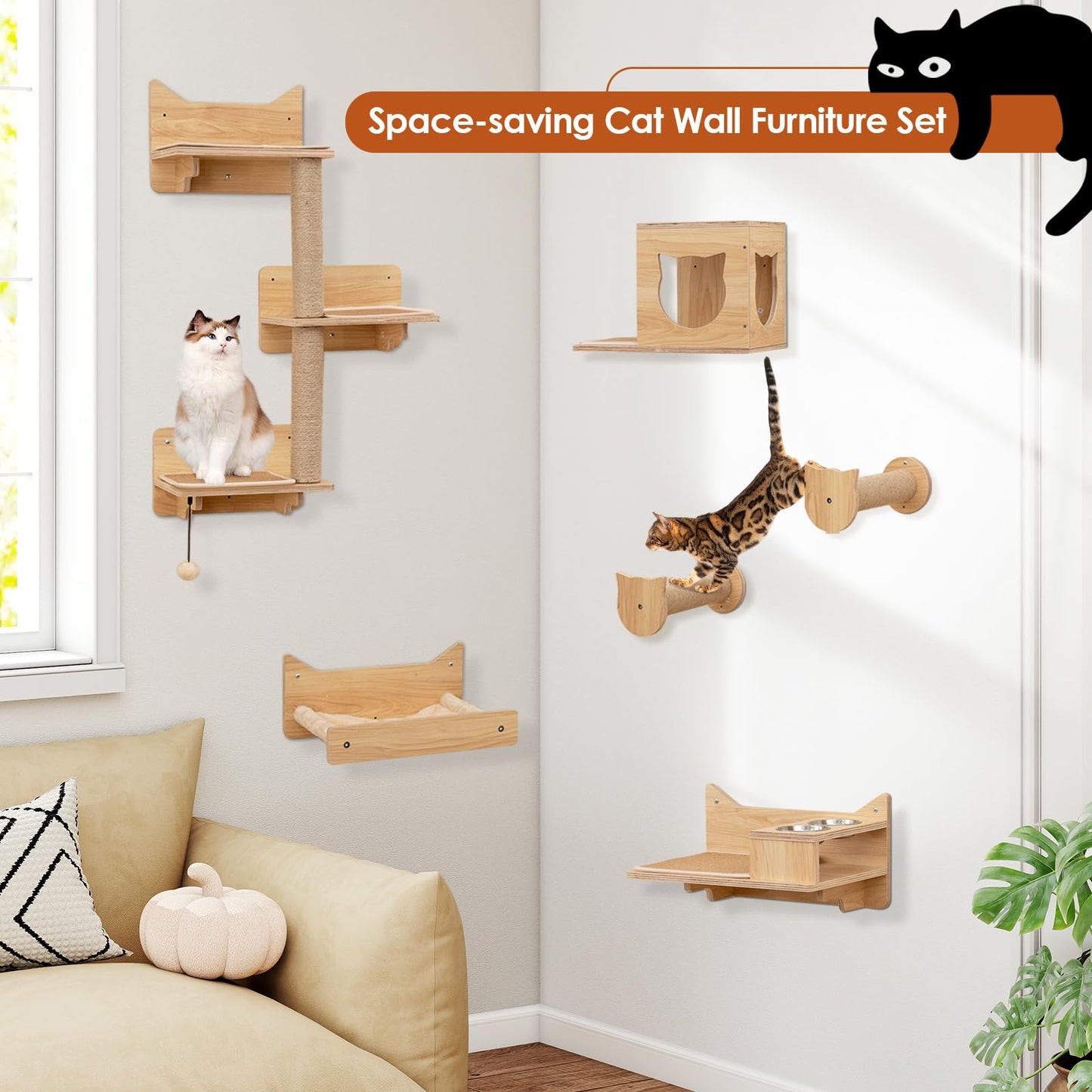 Tangkula Cat Wall Shelves 6 Pieces Wooden Wall Mounted Kitten Furniture Set