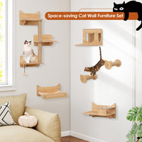 Tangkula Cat Wall Shelves 6 Pieces Wooden Wall Mounted Kitten Furniture Set