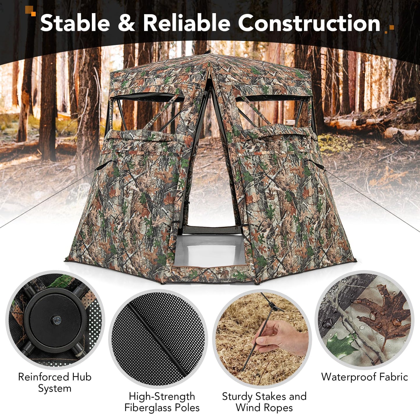 Tangkula 2-3 Person Hunting Blind, 360 Degree See Through Ground Blind with 4 Silent Slide Windows