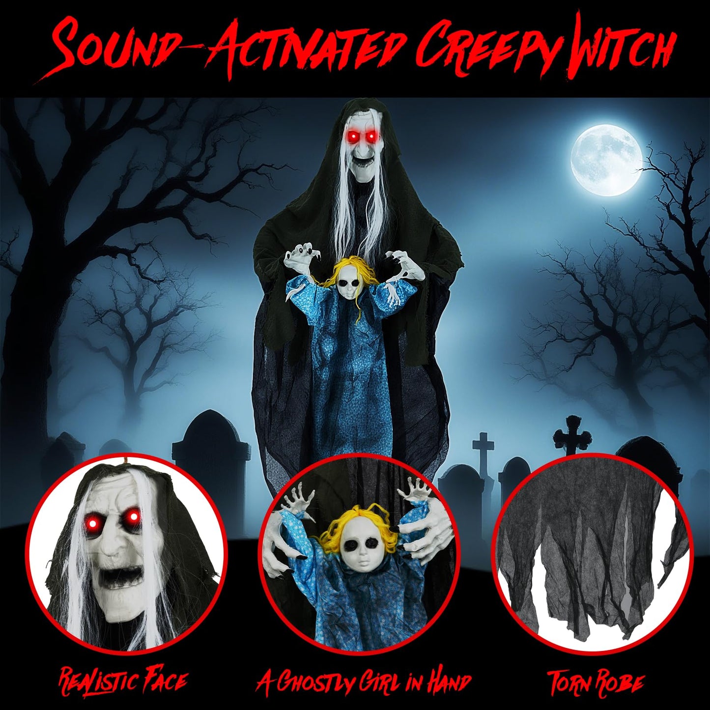Tangkula Hanging Halloween Decoration Sound-Activated Witch Holding Ghost Girl with Spooky Sounds