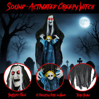 Tangkula Hanging Halloween Decoration Sound-Activated Witch Holding Ghost Girl with Spooky Sounds