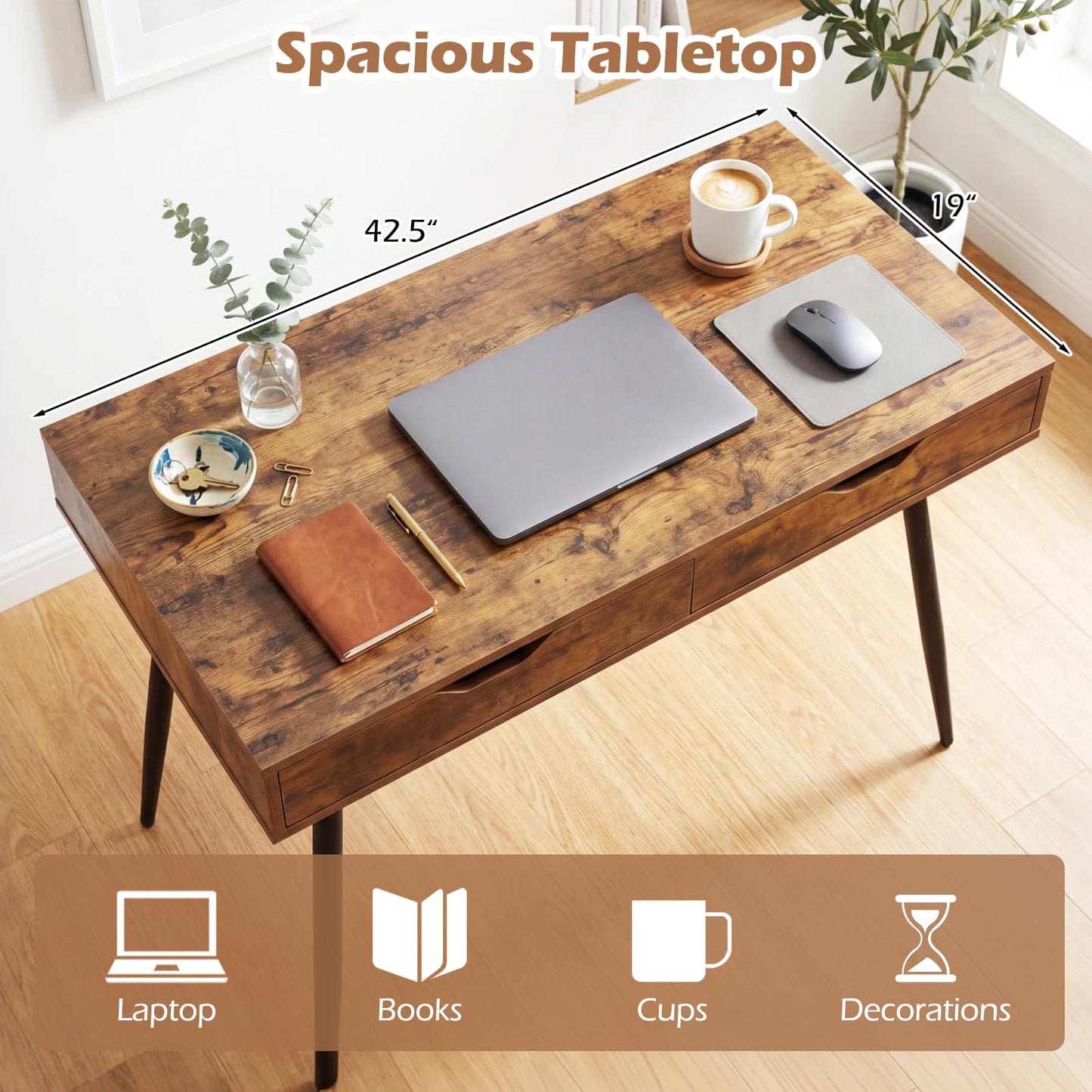 Tangkula Writing Desk w/2 Storage Drawers & 4 Rubber Wood Legs