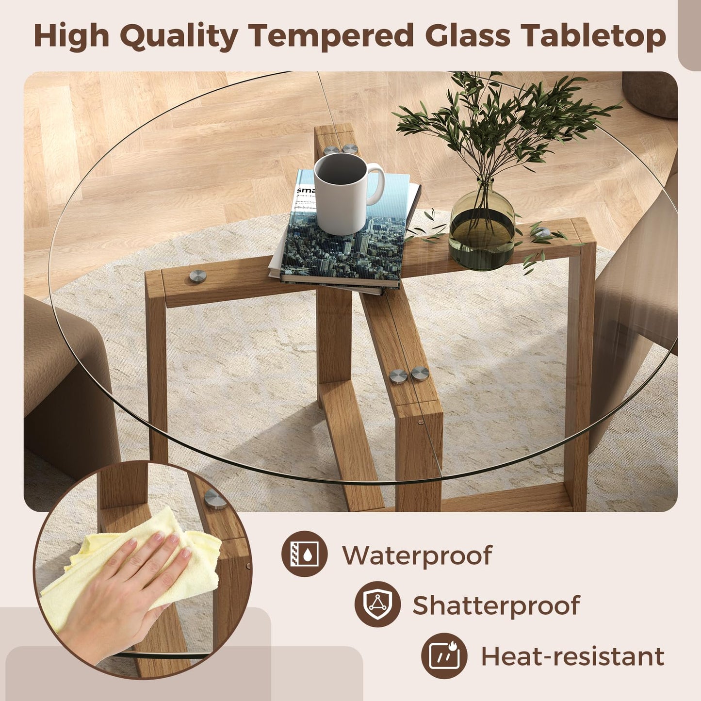 Tangkula 42" Round Glass Dining Table for 4-6, 0.3” Tempered Glass Tabletop with X-Shaped Rubber Wood Frame
