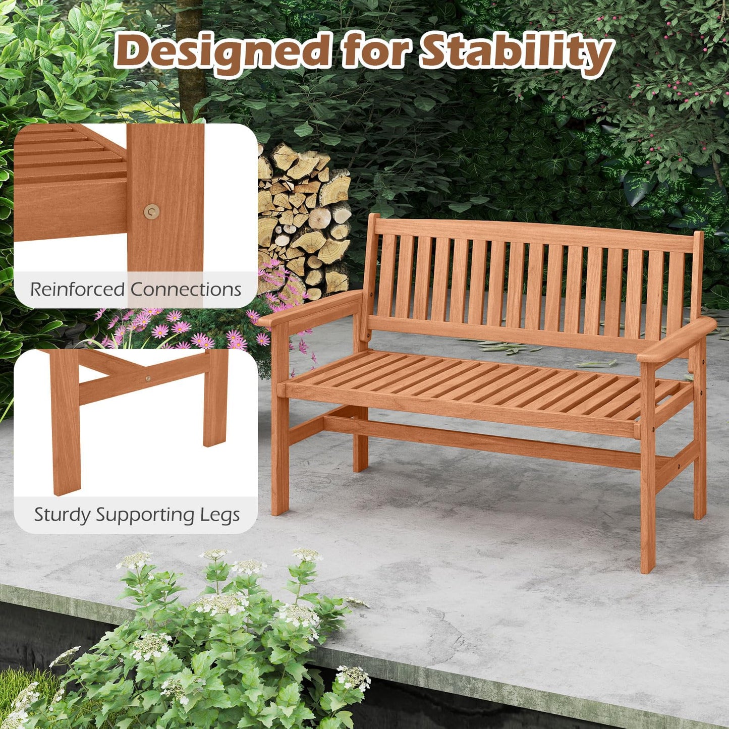 Tangkula Wooden Garden Bench 2-Person Patio Loveseat with Slatted Backrest and Comfortable Armrests