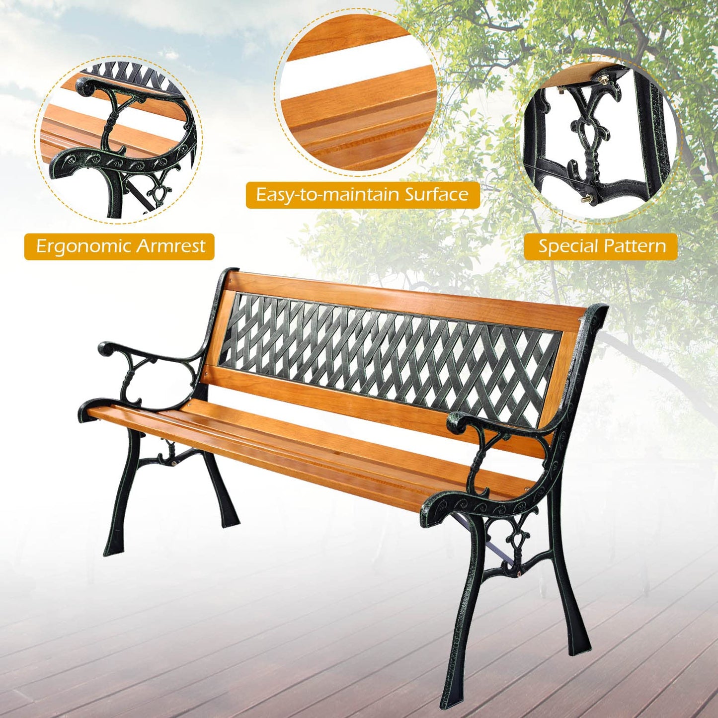 Tangkula Outdoor Garden Bench Park Bench, Patio Bench Chair with Cast Iron & Hardwood Structure