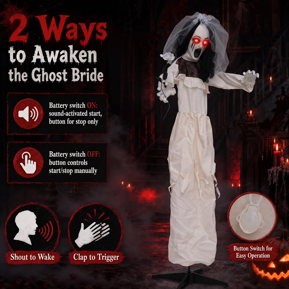 Tangkula 5.7 FT Halloween Standing Animatronics Ghost Bride with Flower