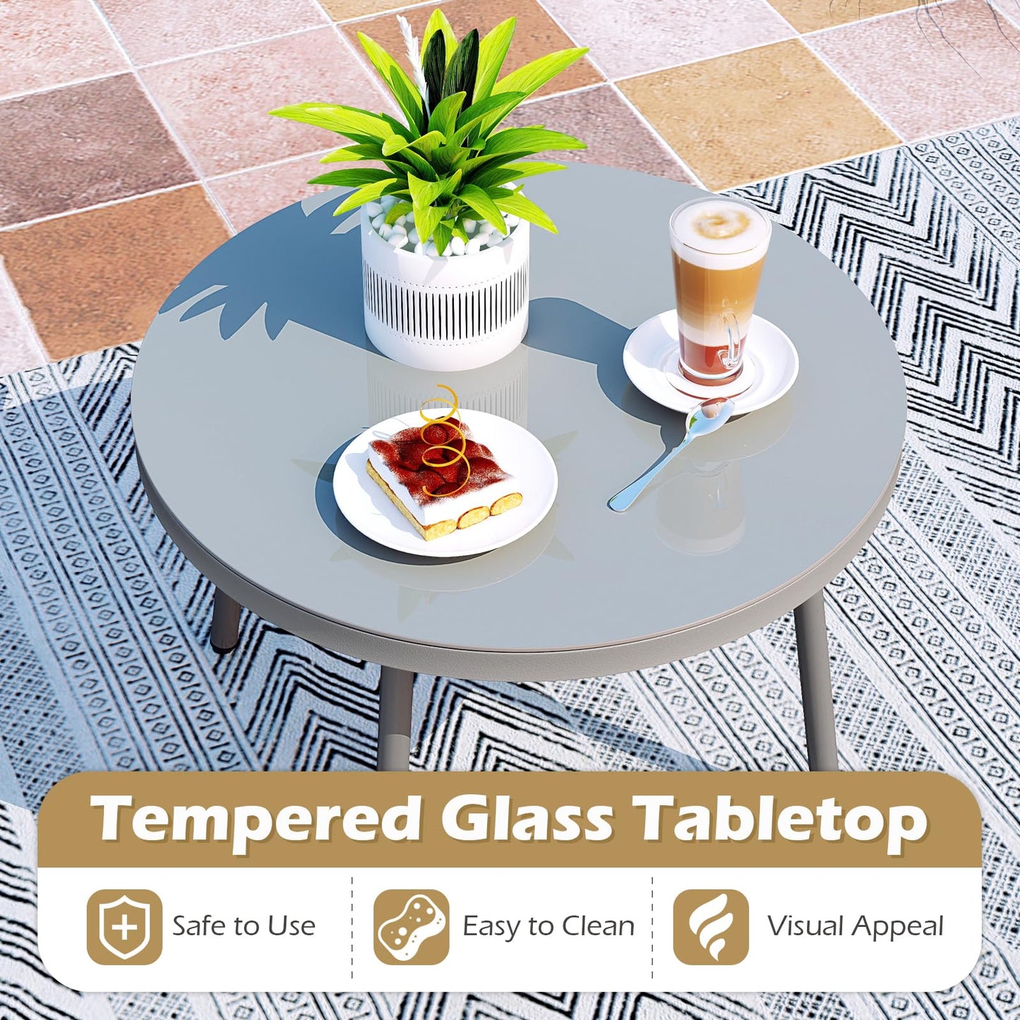 Tangkula 3 Pieces Patio Furniture Set with Cushioned Papasan Chairs and Tempered Glass Coffee Table for Porch
