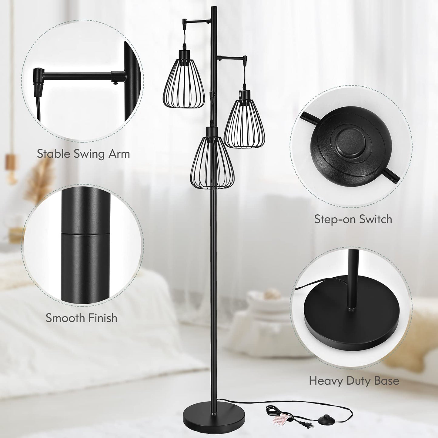 Tangkula Industrial Floor Lamp with 3 Hanging Lampshades