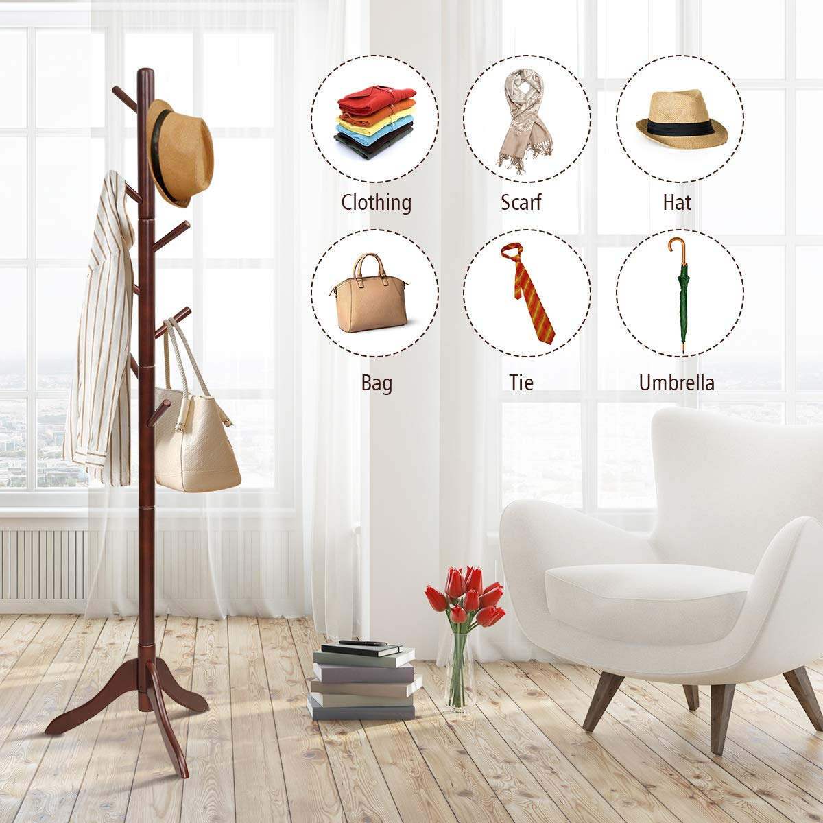 Tangkula Wooden Tree Coat Rack Freestanding, Entryway Coat Stand with 8 Hooks
